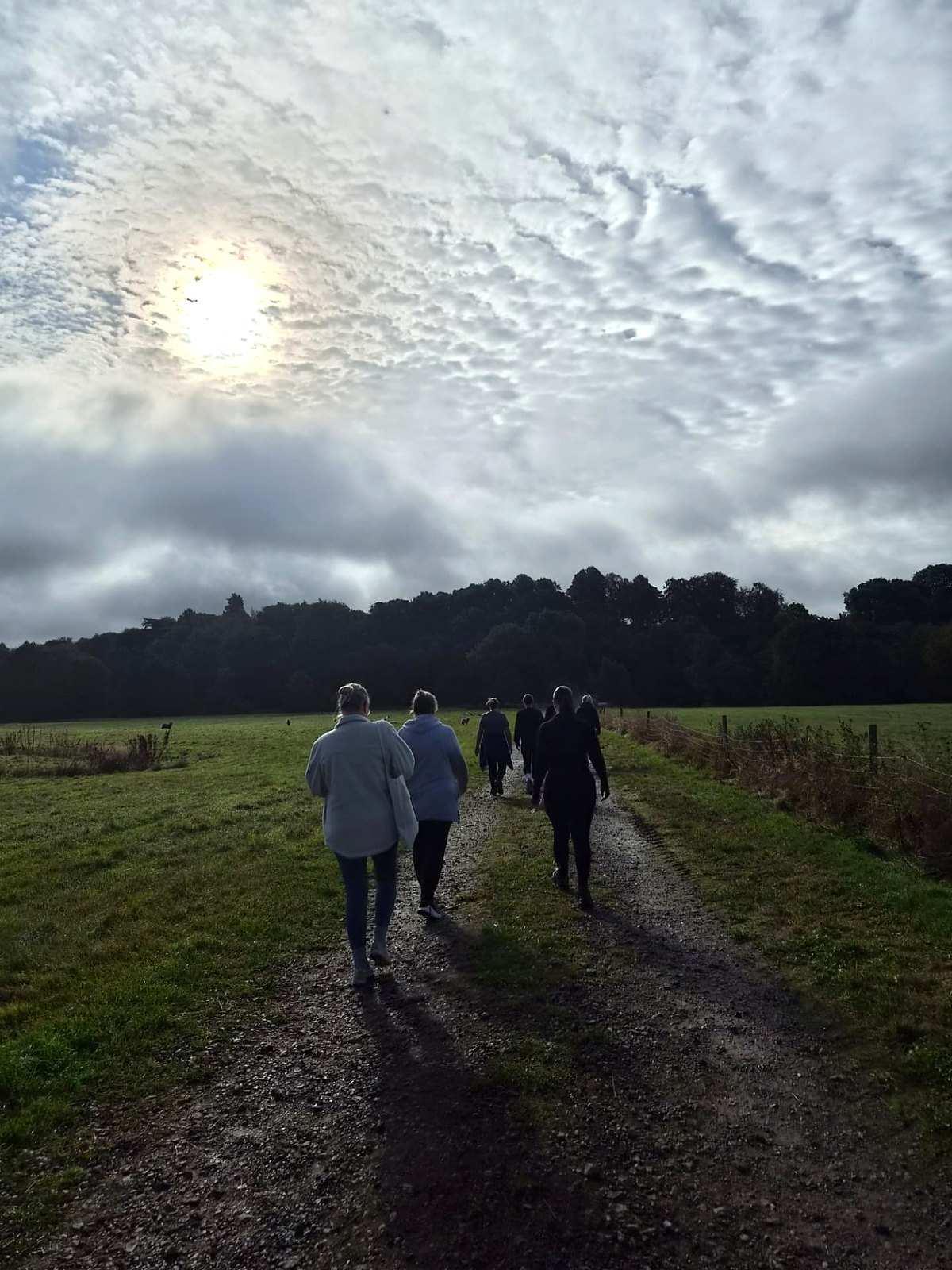 Glow retreat guests walking together along a country track under an early morning sky
