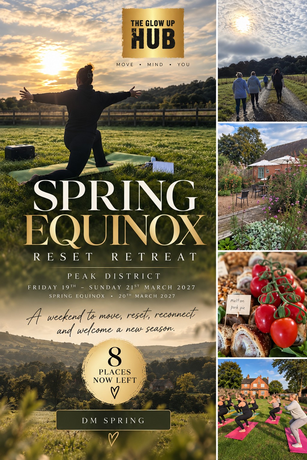 Spring Equinox Reset retreat poster — a sunrise yoga scene in the Peak District, Friday 19th to Sunday 21st March 2027, 8 places now left