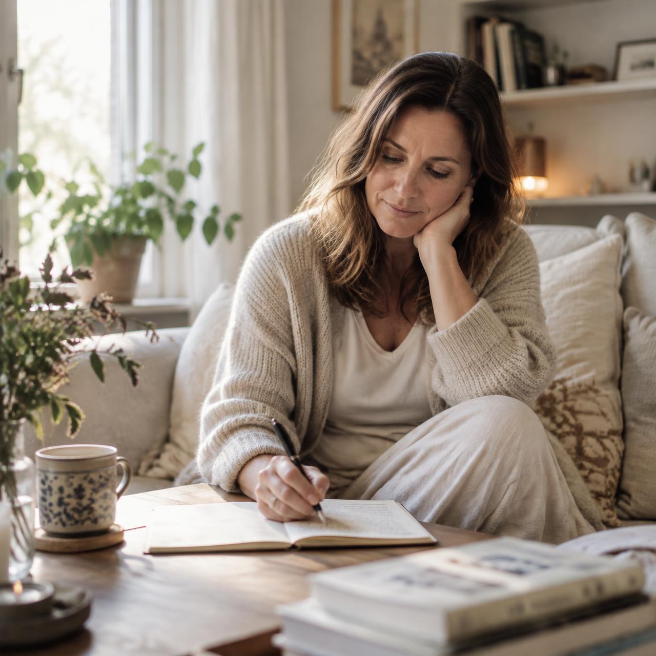 A woman journaling at home with a cup of tea