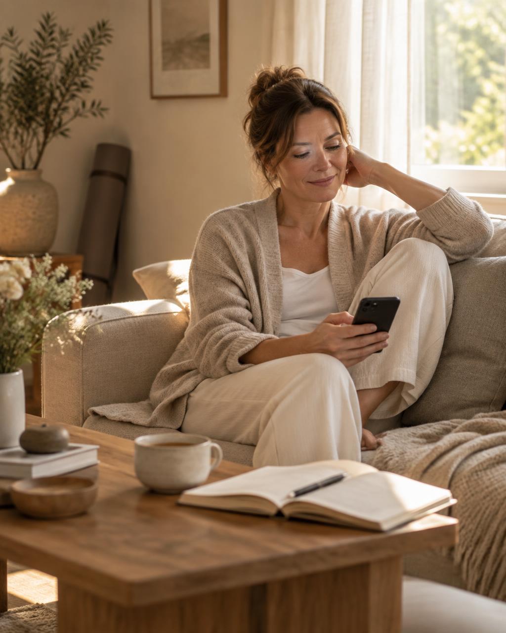A woman relaxing at home with her phone, journal and coffee, a yoga mat by the window