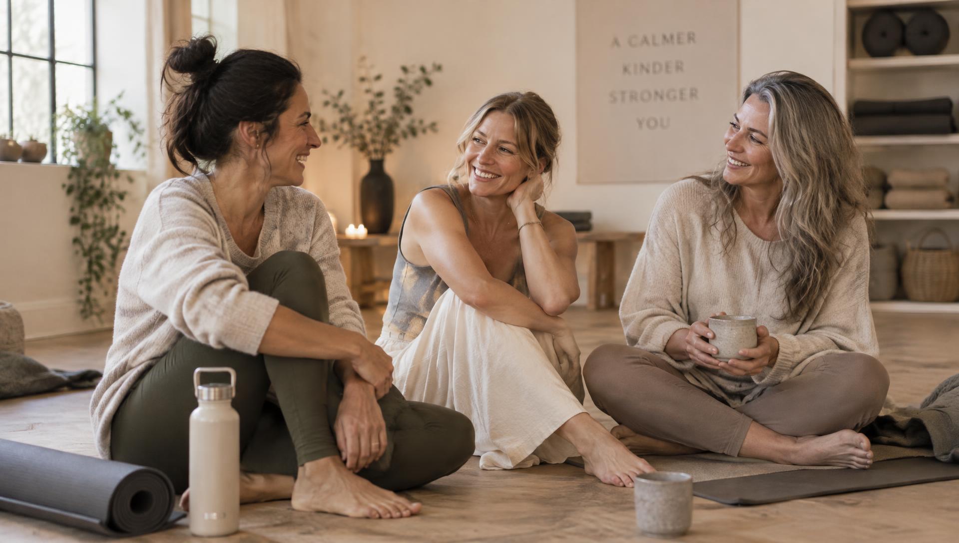Women relaxing and chatting together on a warm studio floor after a Glow Up Hub class in Delph, Saddleworth